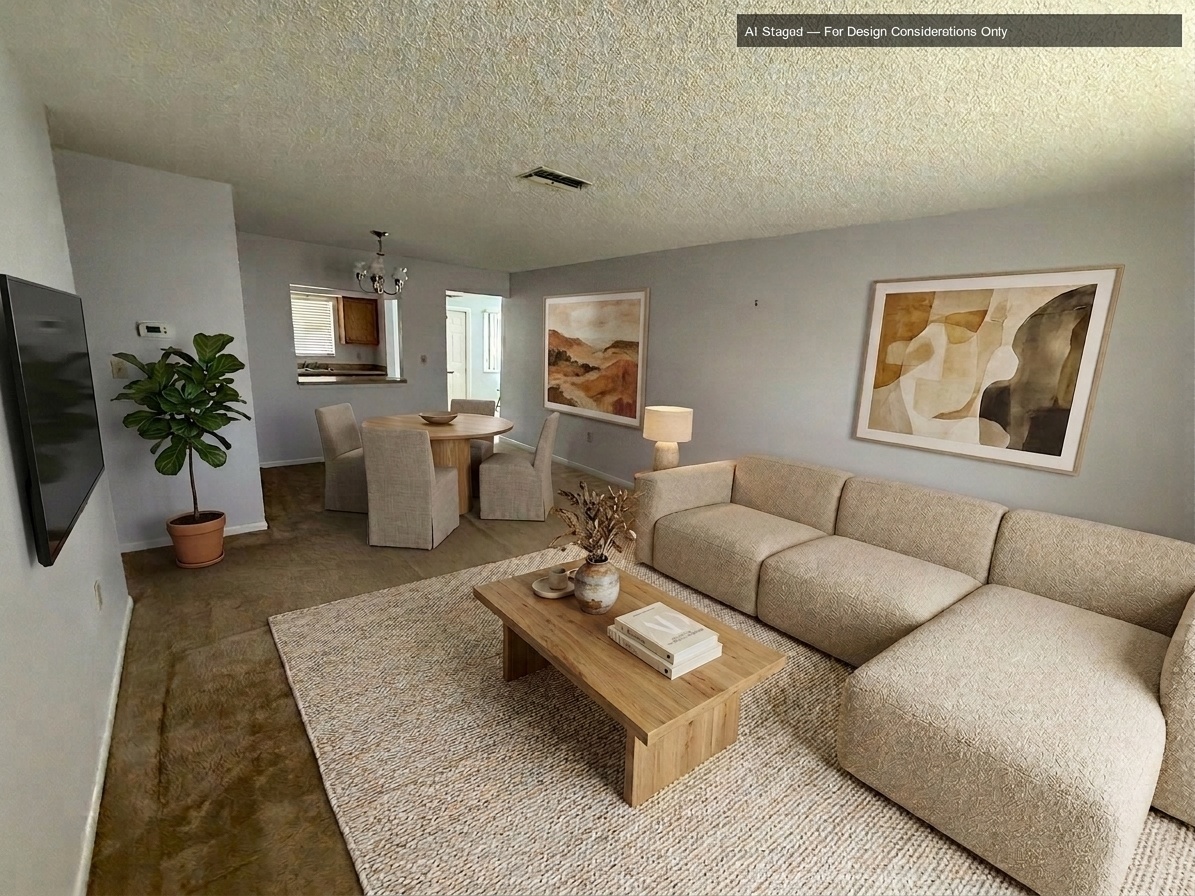 AI-staged living room design for a vacant Tampa Bay listing